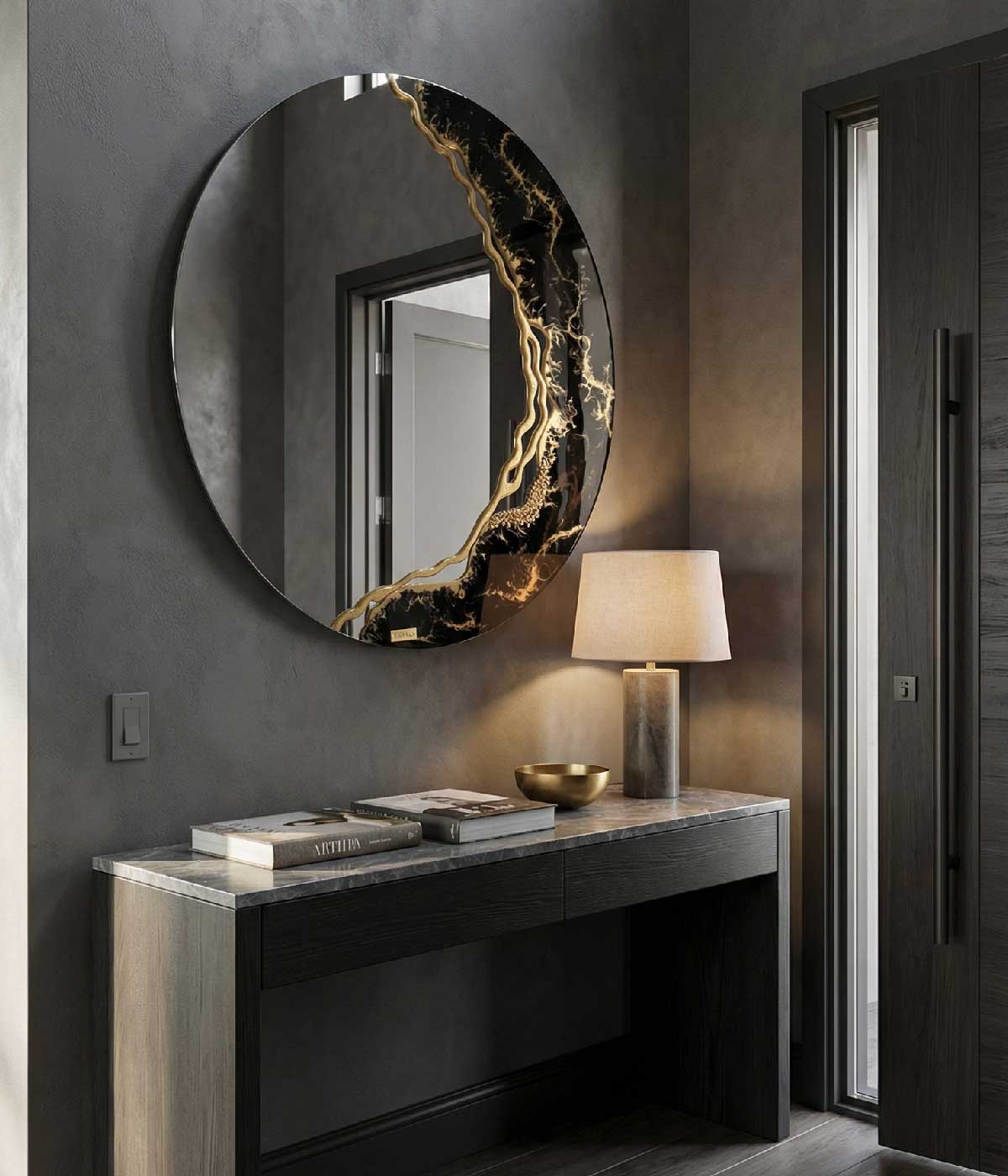 Espejo redondo Greta Black Gold, hecho a mano por Dammar
