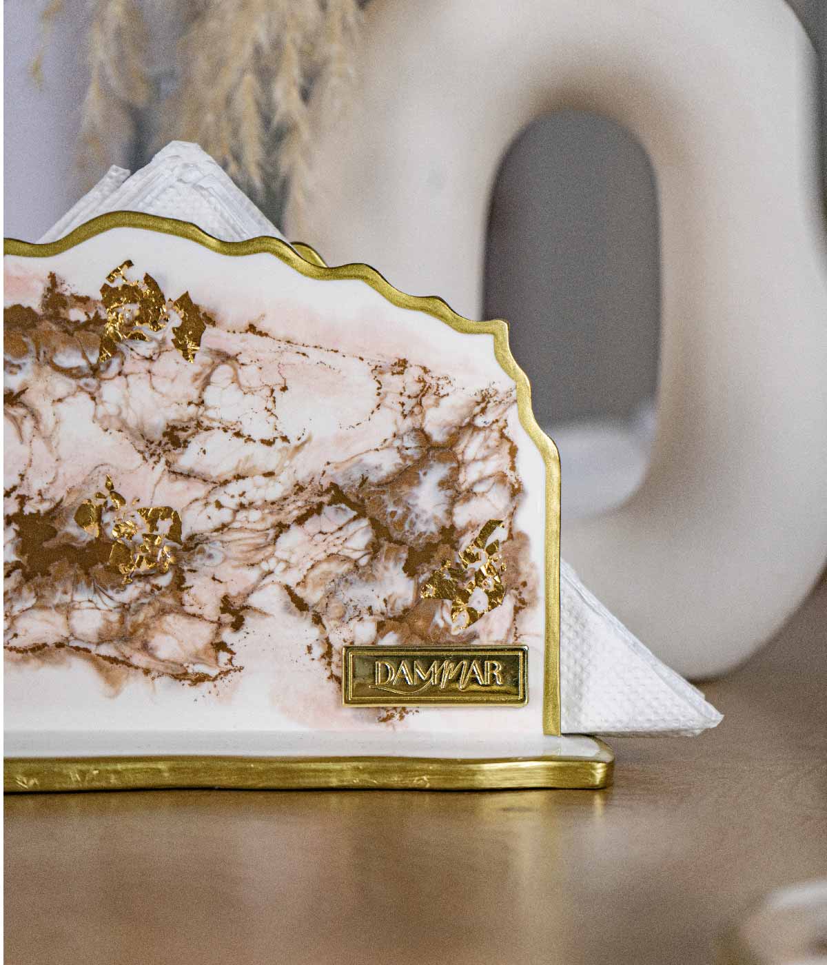 Servilletero Victoria Greta White Rosa Gold en resina, hecho a mano por Dammar