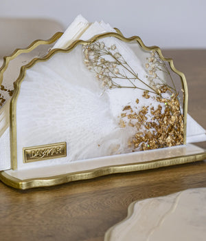 Servilletero Victoria White Blossom Gold en resina, hecho a mano por Dammar