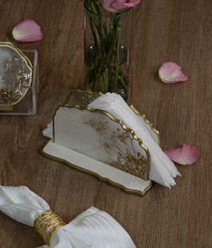 Servilletero Victoria White Blossom Gold en resina, hecho a mano por Dammar